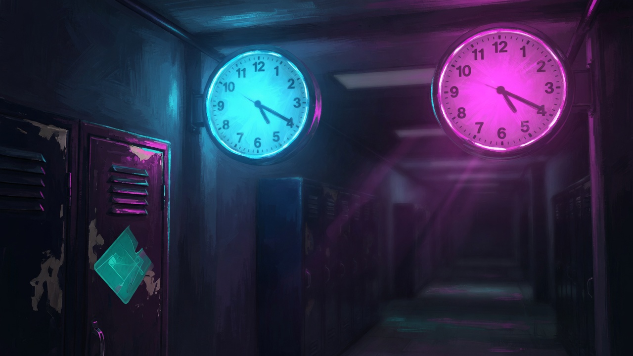 Two glowing clocks in a dark hallway, one slightly ahead of the other