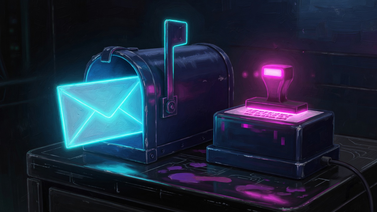 A mailbox and a library stamp glowing on a dark console