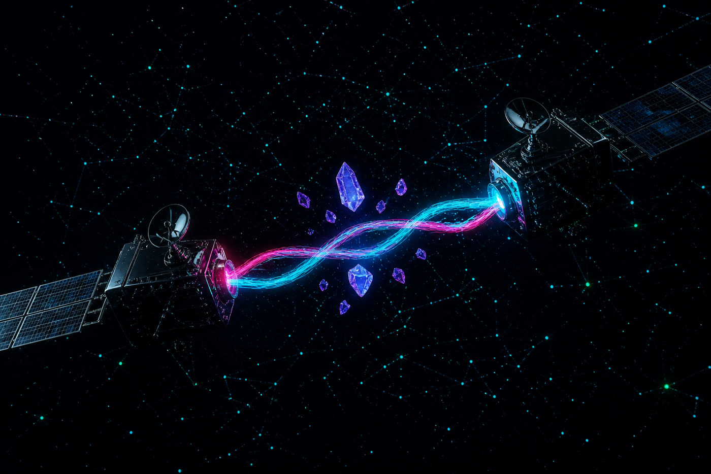 Two dark-glass satellites exchanging a braided TLS handshake