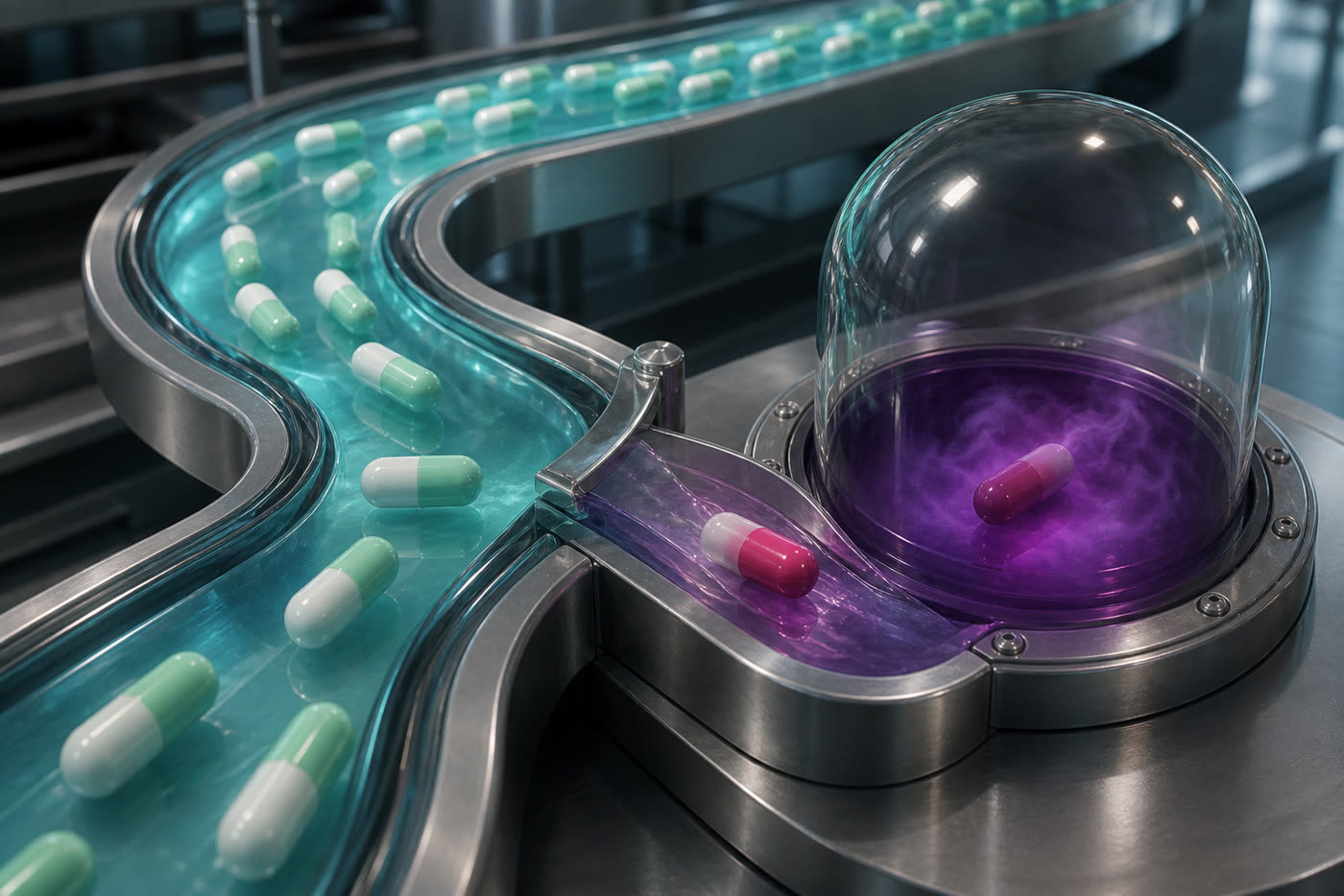 A magenta poisoned capsule diverted from a cyan queue river into a dead-letter basin