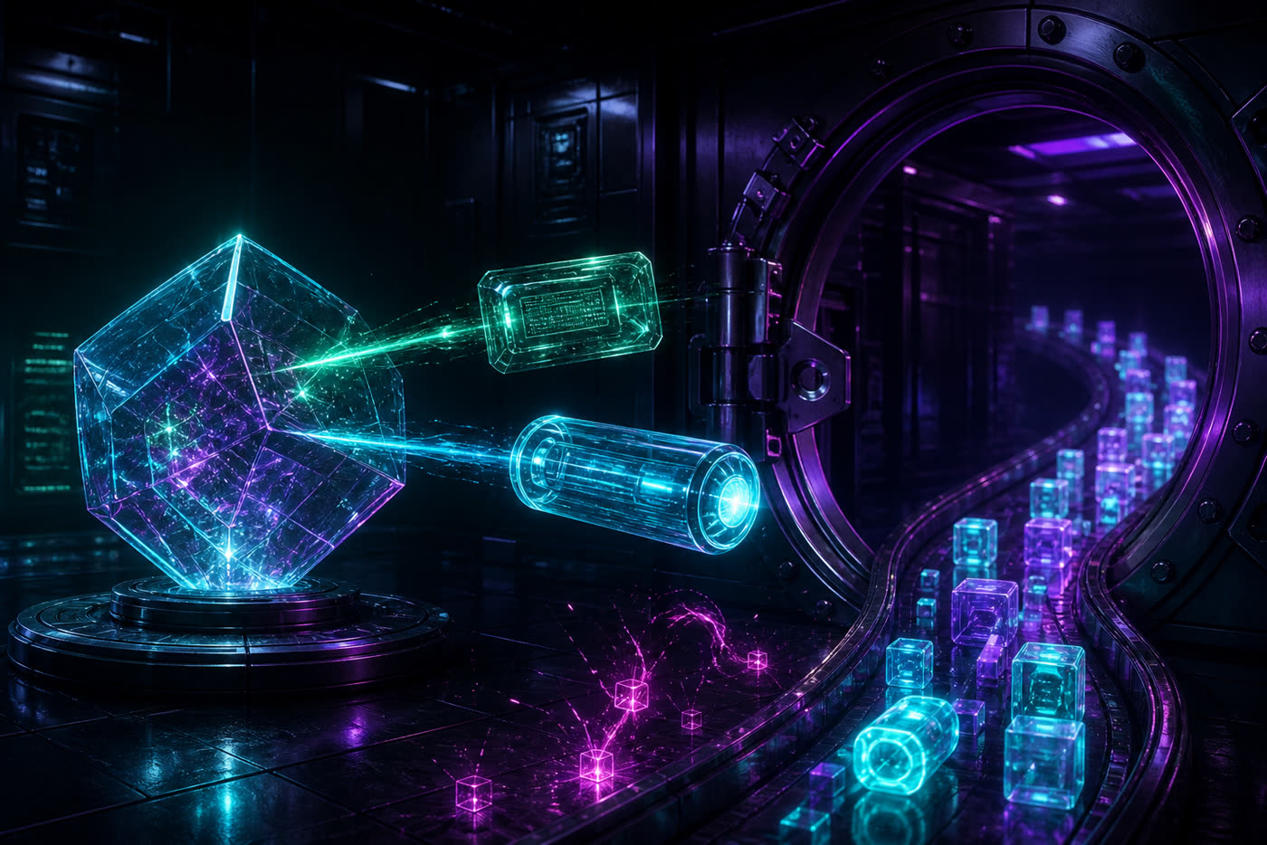 A transaction crystal splitting into a data record and an event capsule