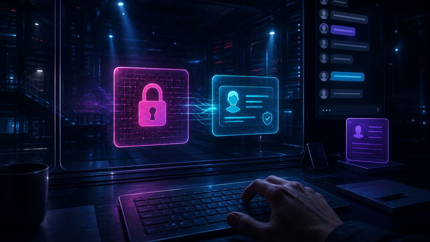 Cinematic still of a magenta approval lock and a secret-request card in front of a glass terminal