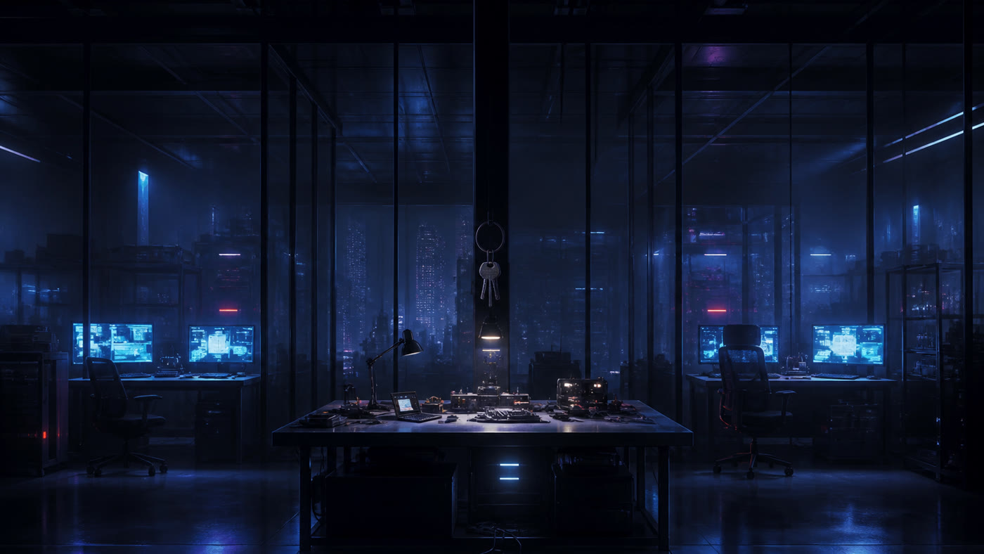 Cinematic still of one shared midnight workshop with several empty desks and one hanging key ring