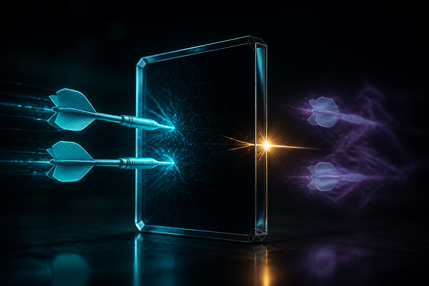 Two identical request darts hitting an idempotency gate that emits one commit