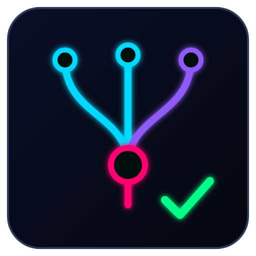Source control emblem: a cyan branch graph converging into one pink merge node with a green check