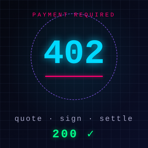 HTTP 402 emblem: a cyan 402 status code above a pink signed receipt line
