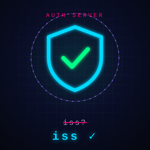 Issuer validation emblem: a cyan shield with a green check, an unverified iss struck through above a verified one